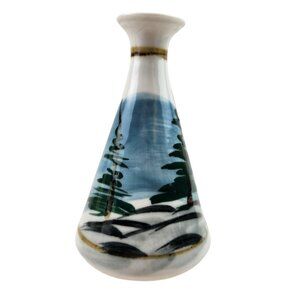 VTG Studio Art Pottery Bud Vase Winter Trees Snow Lodge Cabin Vibe Signed 5 in.
